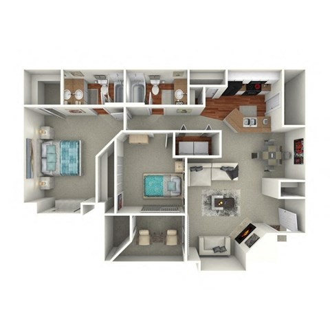 A 3D rendering of a 2 bedroom 2 bath floorplan
